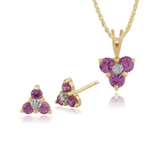 Pendentif et Boucles d'Oreilles Clou Floral Or Jaune 375 Saphir Rose et Diamant