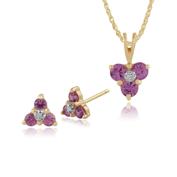 Pendentif et Boucles d'Oreilles Clou Floral Or Jaune 375 Saphir Rose et Diamant