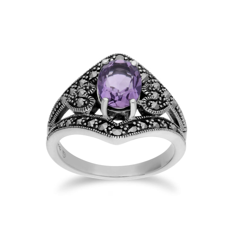 Gemondo Bague Amethyste, Argent Sterling Améthyste & Marcassite Ovale Art Nouveau Bague - Améthyste