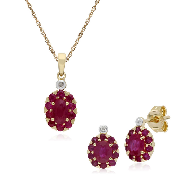 Boucles d'Oreilles Clou et Pendentif Classique Or Jaune 375 Rubis et Diamant Cluster