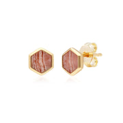 Boucles d'Oreilles Mini Clou Hexagone Asymétrique Argent 925 Plaqué Or Rhodochrosite