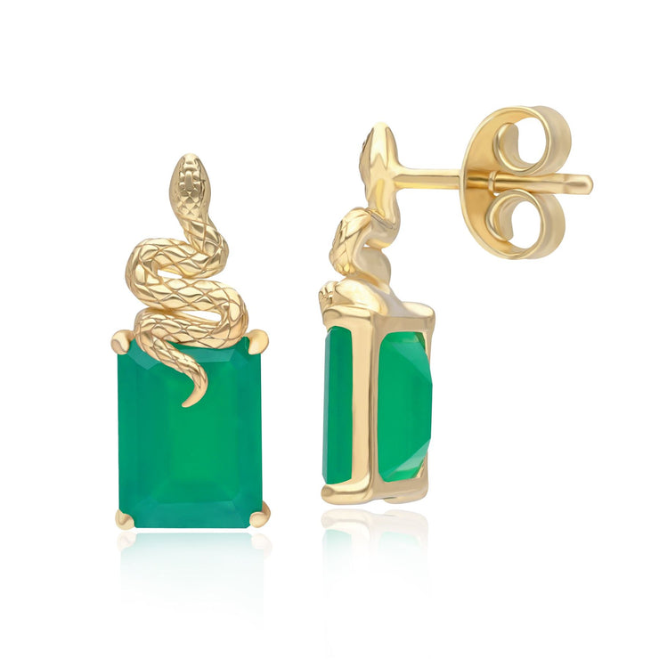 Boucles d'Oreilles Clous Grand Deco Serpent en Calcédoine Verte en Argent Doré à l'Or Fin