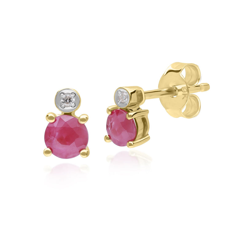 Boucles d'oreilles clou Micro Statement en or jaune 9 carats avec rubis et diamants ronds