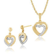 Pendentif et Boucles d'Oreilles Pendantes Double Cœur Classique Or Jaune 375 Diamant Rond