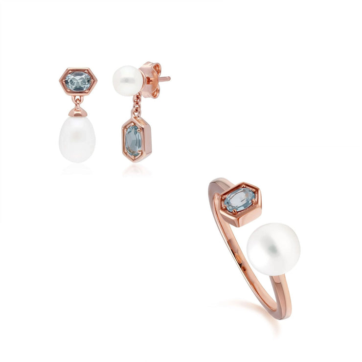 Bague et Boucles d'Oreilles Perle Moderne Argent 925 Plaqué Or Rose Topaze Bleue et Perle