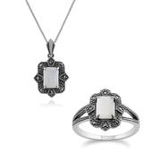Bague et Pendentif Style Art Déco Argent 925 Nacre Baguette et Marcassite Sertis Clos