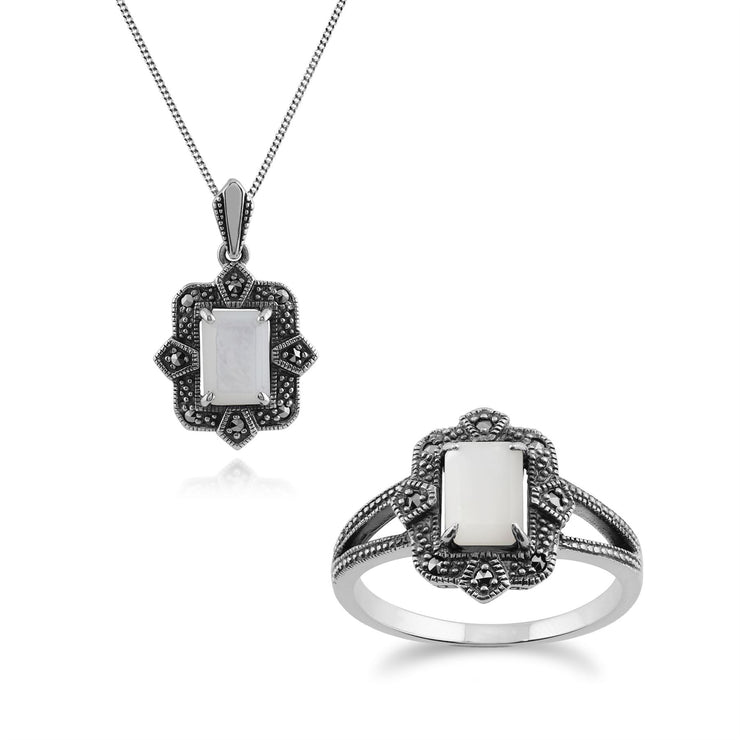 Bague et Pendentif Style Art Déco Argent 925 Nacre Baguette et Marcassite Sertis Clos