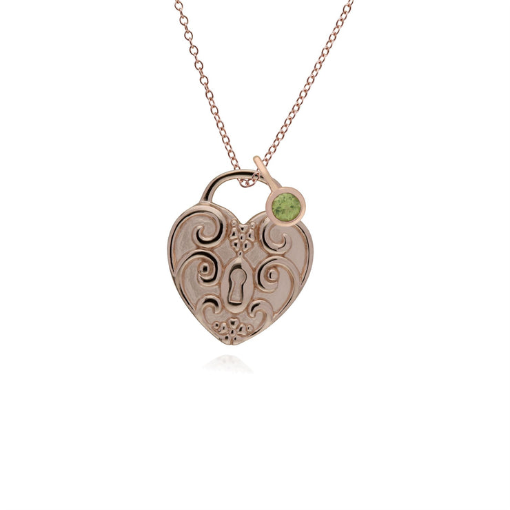 Pendentif Classique Cadenas Cœur Torsadé Argent 925 Plaqué Or Rose et Charms Péridot