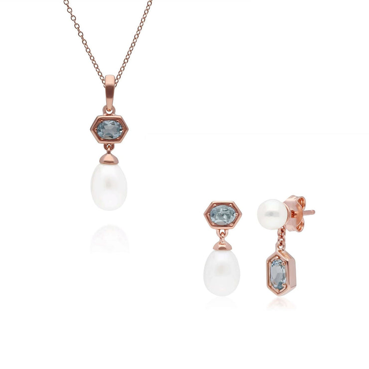 Pendentif et Boucles d'Oreilles Perle Moderne Argent 925 Doré à l'Or Fin Rose Aigue-Marine et Perle