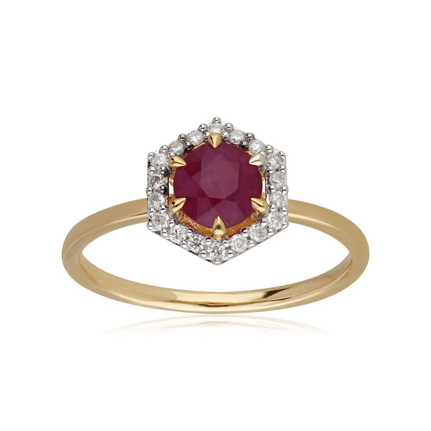 Bague Fiançailles Halo Or Jaune 750 Rubis 0,92ct et Diamant