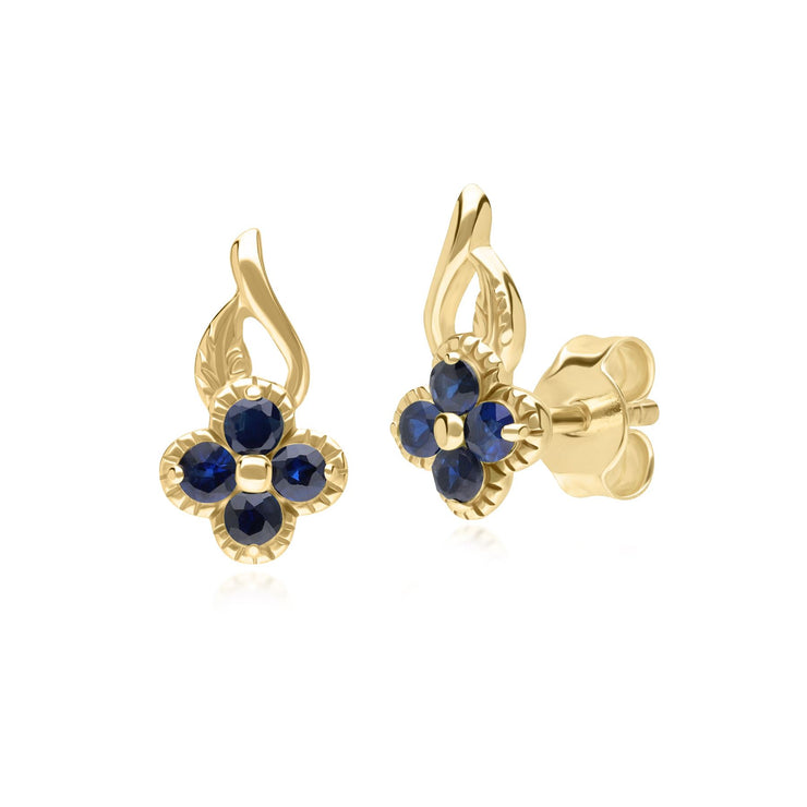 Boucles d'oreilles Clou Floral Or Jaune 375 avec Saphir Rond