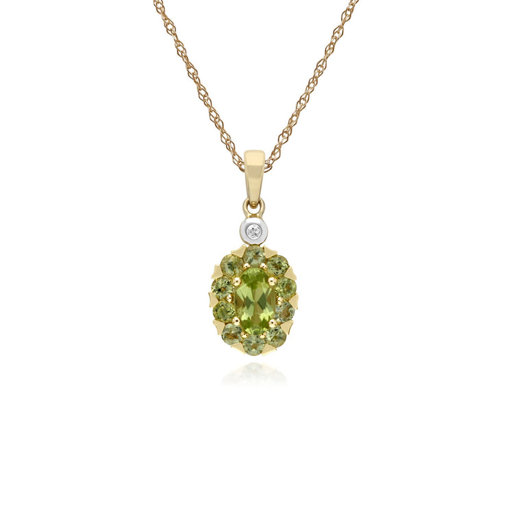 s 9 CT or Jaune Rond Peridot & Diamant Ovale Serti Pendentif sur 45cm Chaîne