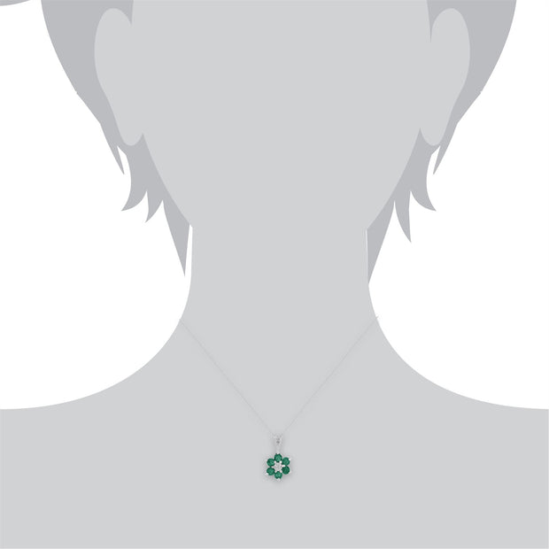Pendentif et Boucles d'Oreilles Clou Floral Or Blanc 375 Emeraude Ronde et Diamant Cluster