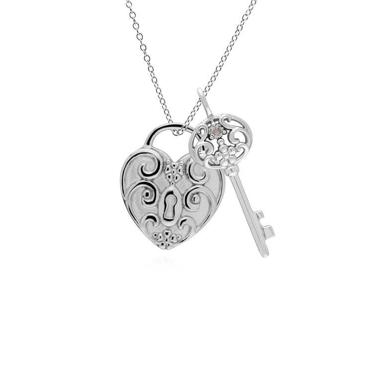 Pendentif Classique Cadenas Cœur Torsadé Argent 925 et Charms Grande Clé Topaze Blanche