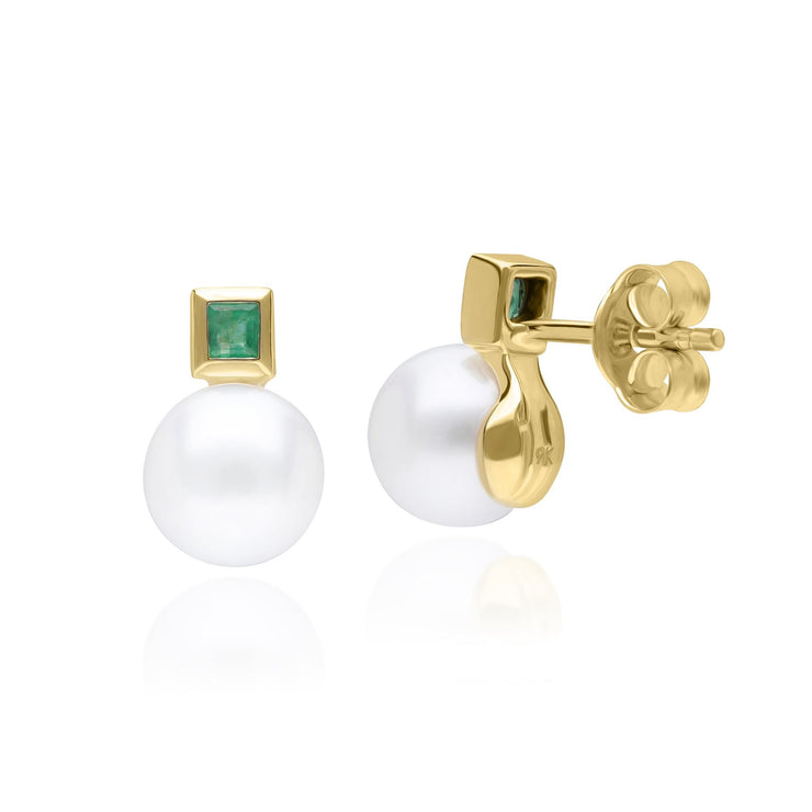 Boucles d'Oreilles Clou Modern Pearl Or Jaune 375 Perle et Emeraude carrée