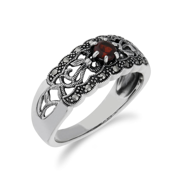 Gemondo Grenade Bague, Argent Sterling Grenade & Marcassite Simple Art Nouveau Bague - Grenat