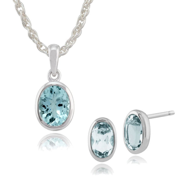 Pendentif et Boucles d'Oreilles Clou Classique Or Blanc 375 Aigue-Marine Ovale serti Clos