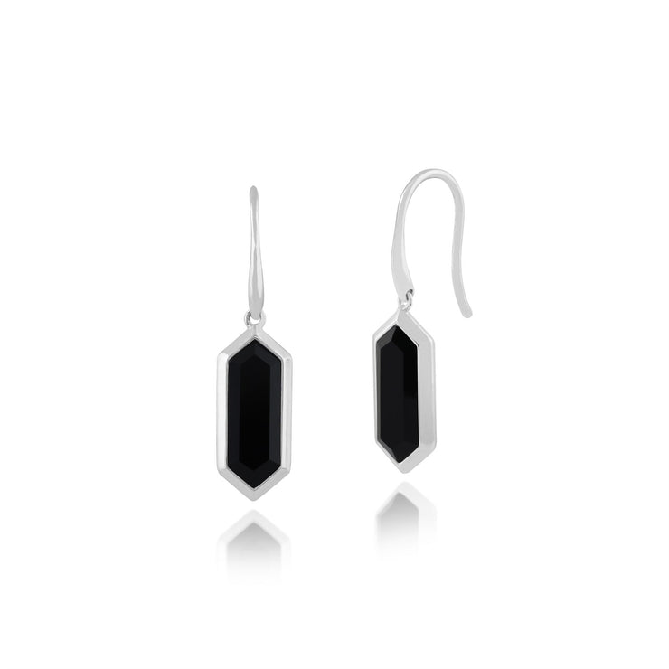 Pendentif et Boucles d'Oreilles Pendantes Géométrique Argent 925 Onyx Noire Prisme Hexagonal