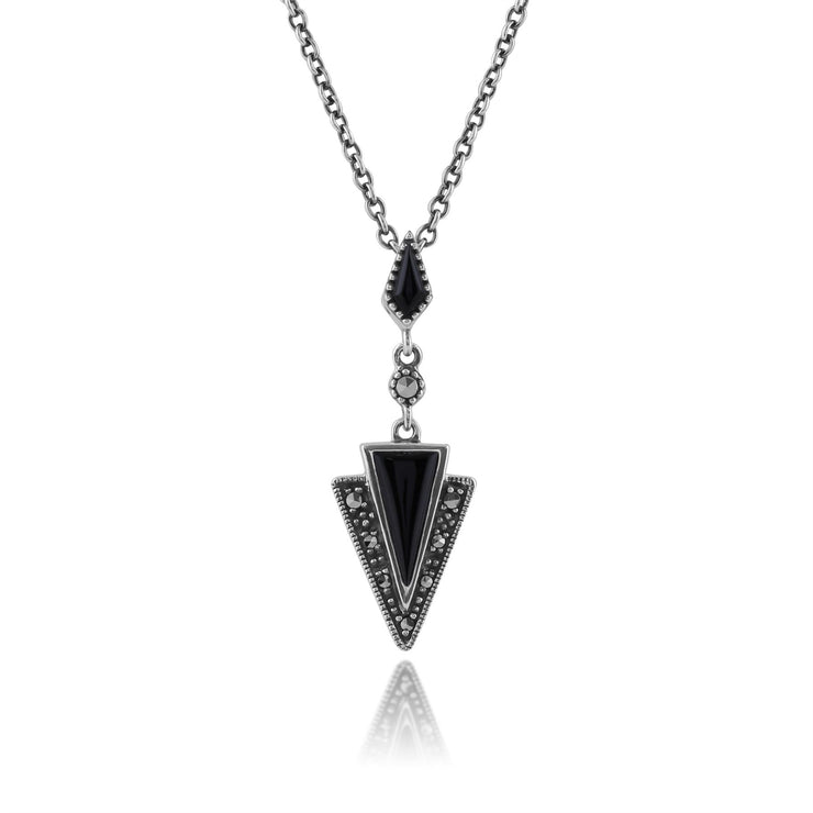 Pendentif Style Art Déco Argent 925 Onyx Noire et Marcassite