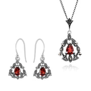 Collier et Boucles d'Oreilles Pendantes Style Art Nouveau Argent 925 Grenat Poire et Marcassite Halo