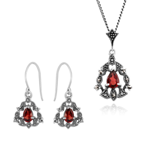 Collier et Boucles d'Oreilles Pendantes Style Art Nouveau Argent 925 Grenat Poire et Marcassite Halo