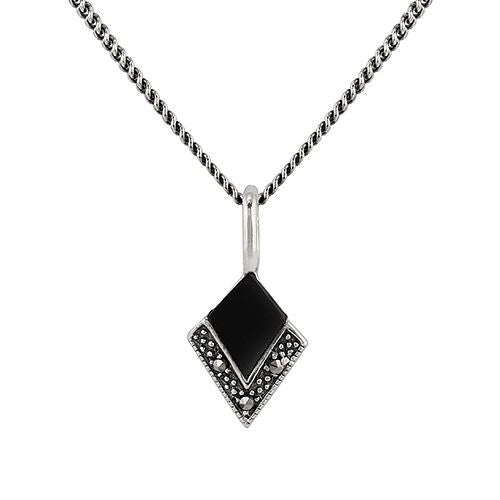 Collier et Boucles d'Oreilles Cerf Pendantes Volant Style Art Déco Argent 925 Onyx Noire et Marcassite