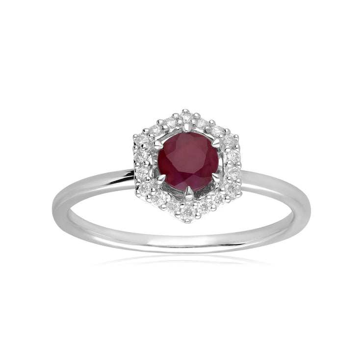 Bague Fiançailles Halo Or Blanc 375 Rubis 0,48ct et Diamant