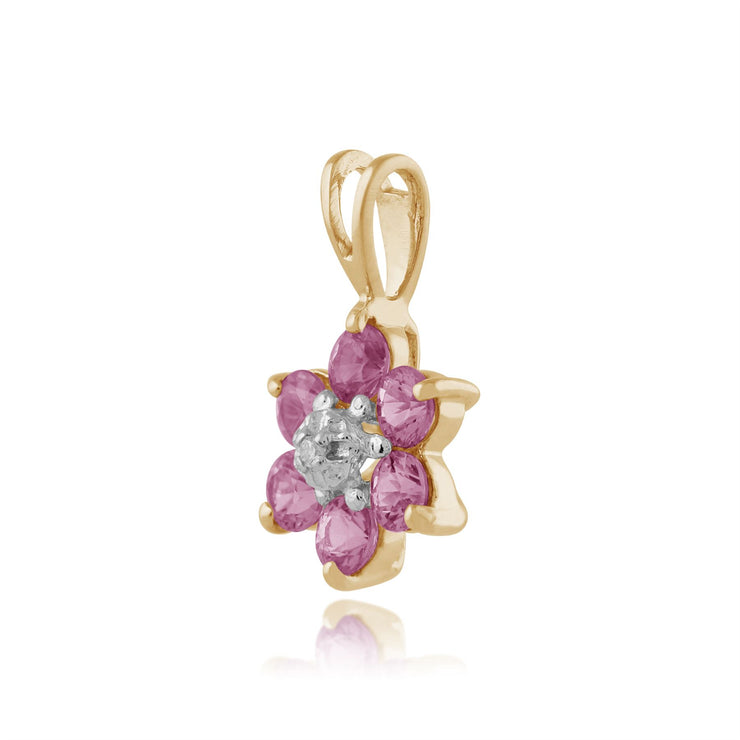 Pendentif et Boucles d'Oreilles Clou Floral Or Jaune 375 Saphir Rose et Diamant