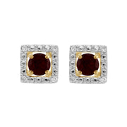 Boucles d'Oreilles Clou Grenat Classique Or Jaune 375 et Ear-Jacket Carré Diamant