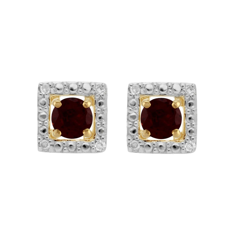 Boucles d'Oreilles Clou Grenat Classique Or Jaune 375 et Ear-Jacket Carré Diamant