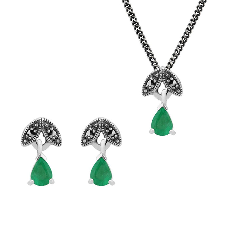 Collier et Boucles d'Oreilles Feuille Style Art Déco Argent 925 Emeraude Poire et Marcassite