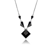 Collier et Boucles d'Oreilles Pendantes Carrée Style Art Déco Argent 925 Onyx Noire Cabochon et Marcassite