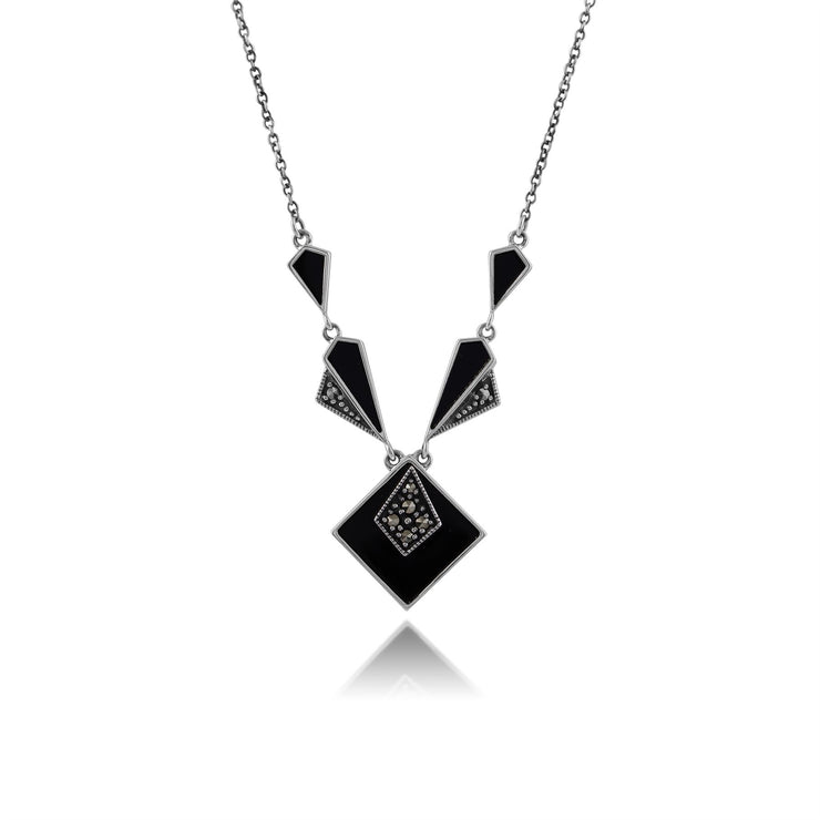 Collier et Boucles d'Oreilles Pendantes Carrée Style Art Déco Argent 925 Onyx Noire Cabochon et Marcassite