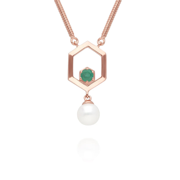 Collier Perle Moderne Argent 925 Plaqué Or Rose Perle et Emeraude Hexagonal