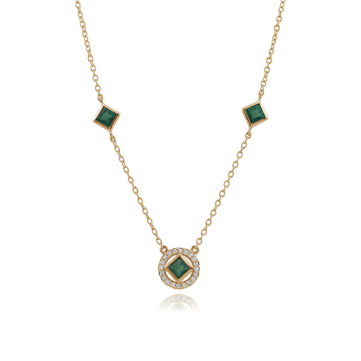 Collier Classique Or Jaune 925 Emeraude Carrée et Diamant Style Halo