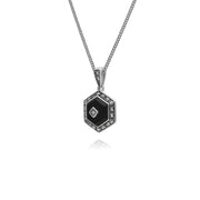 Argent Sterling Noir Onyx et Marcassite Hexagone 45cm Collier