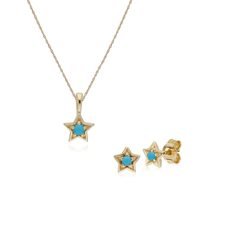 Pendentif et Boucles d'Oreilles Etoile Contemporaine Or Jaune 375 Turquoise