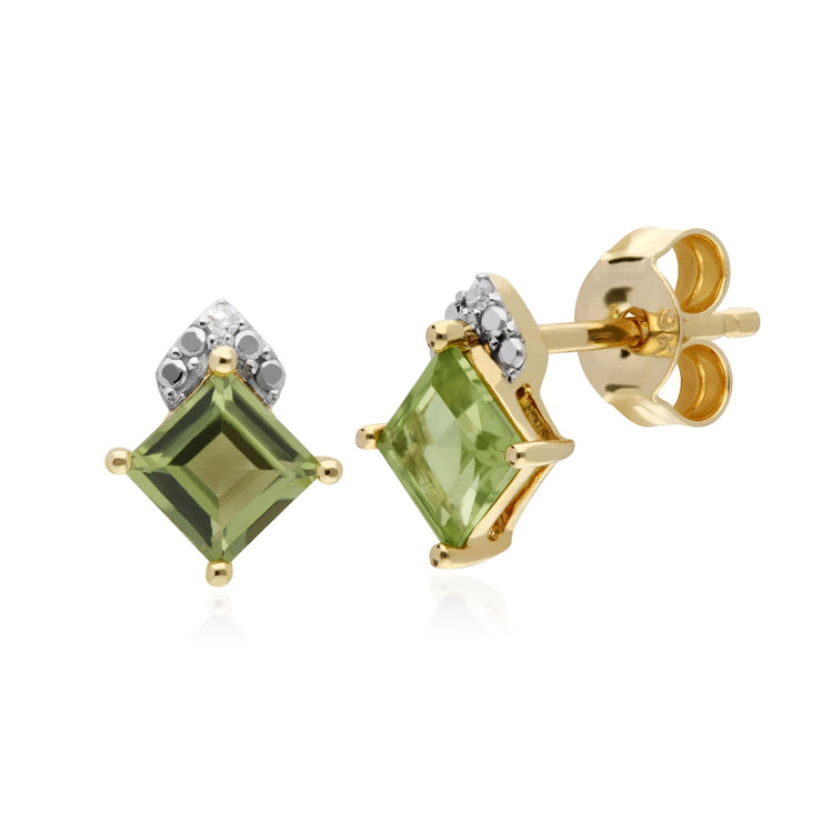 Peridot Boucles D'Oreilles, 9 CT Péridot or Jaune & Diamant Carré Boucles D'Oreilles