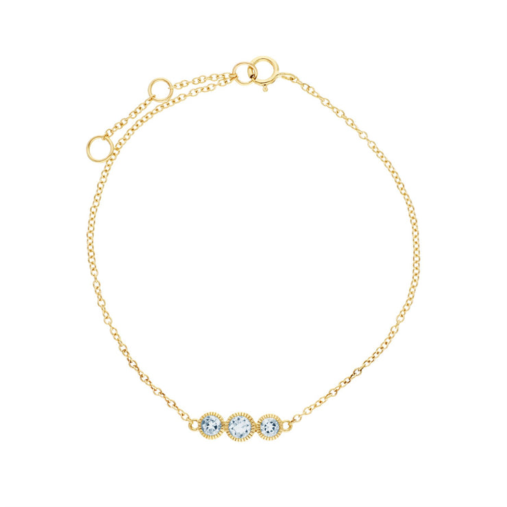 Aigue-Marine Bracelet, 9 CT or Jaune Aigue-Marine Triple Stone Round Milgrain 19cm Bracelet