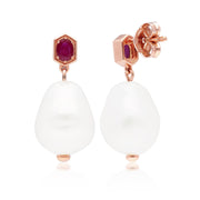 Boucles d'Oreilles Pendantes Perle Moderne Argent 925 Plaqué Or Rose Perle et Rubis