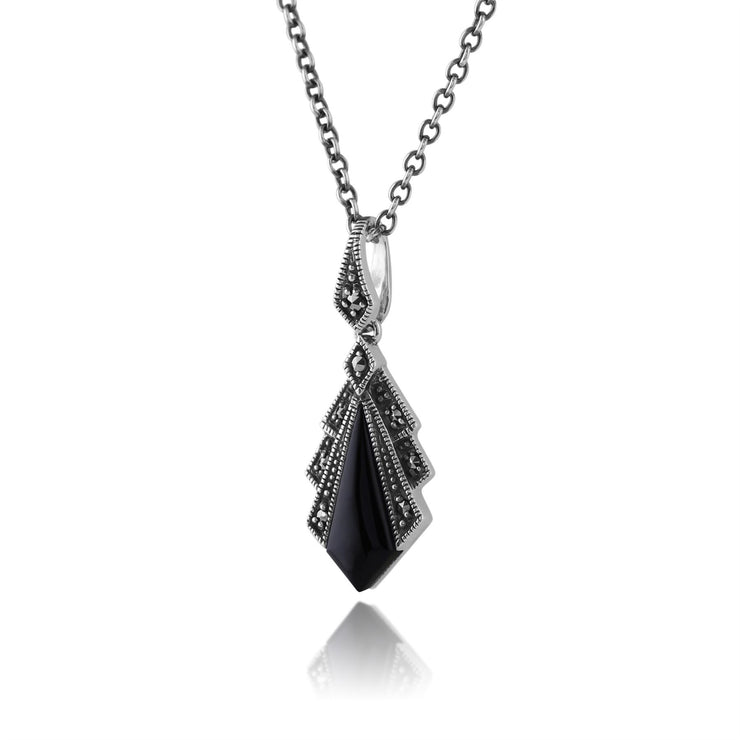 Pendentif Style Art Déco Argent 925 Onyx Noire et Marcassite