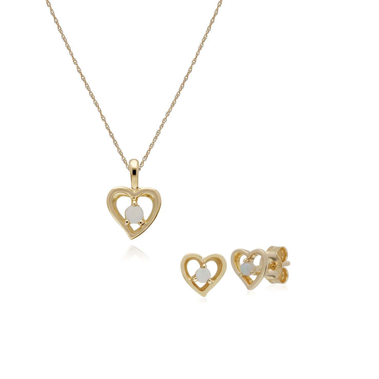 Pendentif et Boucles d'Oreilles Clou Cœur Classique Or Jaune 375 Opale