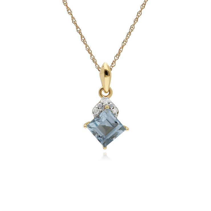 Topaze Bleu Collier, 9 CT or Jaune Topaze Bleu et Diamant Carré Pendentif sur 45cm Chaîne