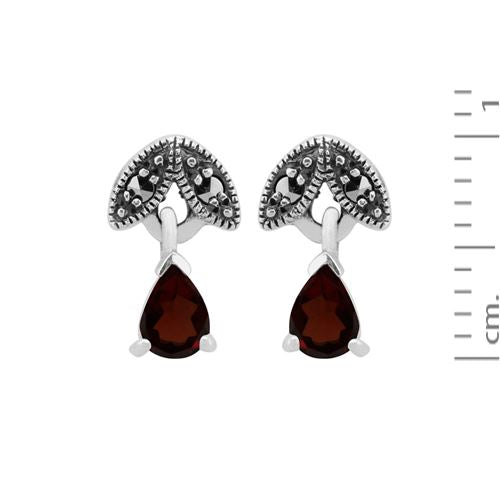 Collier et Boucles d'Oreilles Feuille Style Art Déco Argent 925 Grenat Poire et Marcassite