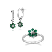 Boucles d'Oreilles Pendantes et Bague Floral Or Blanc 375 Emeraude et Diamant