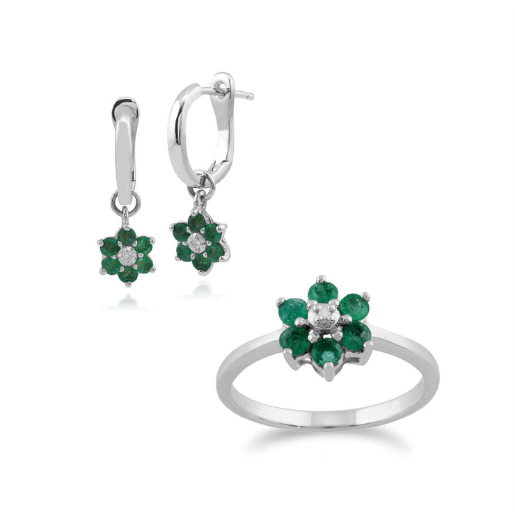 Boucles d'Oreilles Pendantes et Bague Floral Or Blanc 375 Emeraude et Diamant