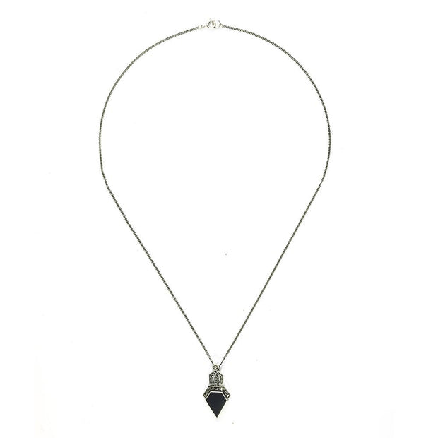Collier et Boucles d'Oreilles Clou Feuille Style Art Déco Argent 925 Onyx Noire et Marcassite