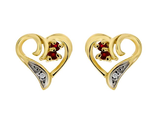 9ct Yellow Gold Ruby & Diamond Heart Stud Earrings