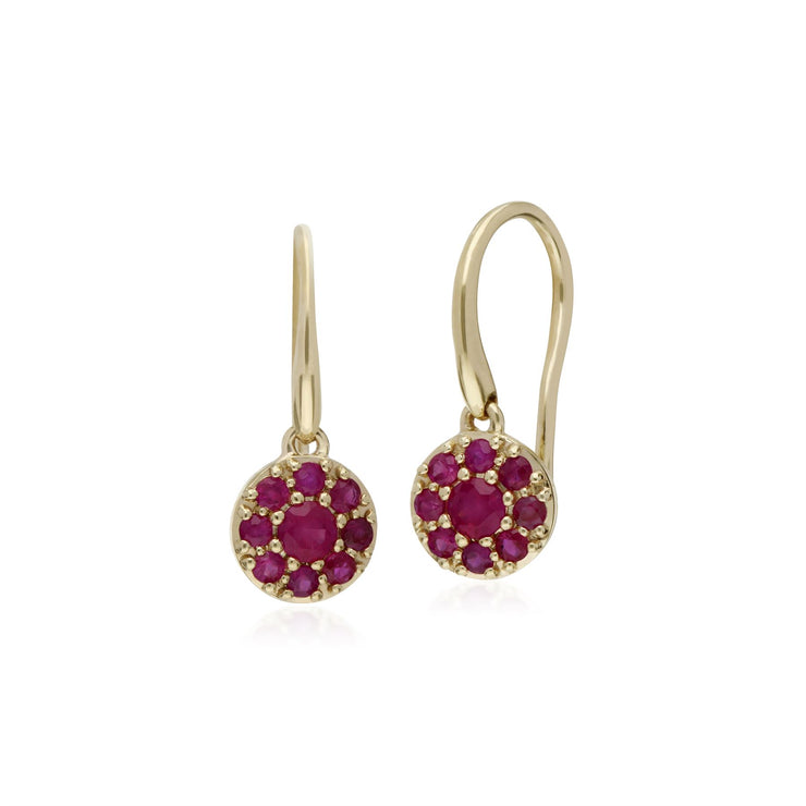 Boucles d'Oreilles Pendantes et Pendentif Classique Or Jaune 375 Rubis Cluster