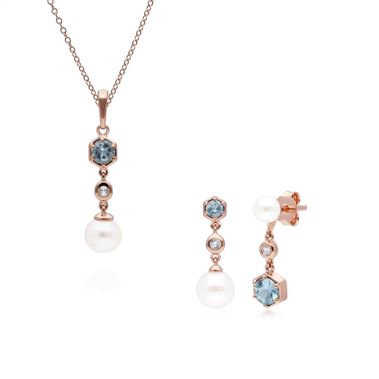 Pendentif et Boucles d'Oreilles Perle Moderne Argent 925 Doré à l'Or Fin Rose Topaze et Perle
